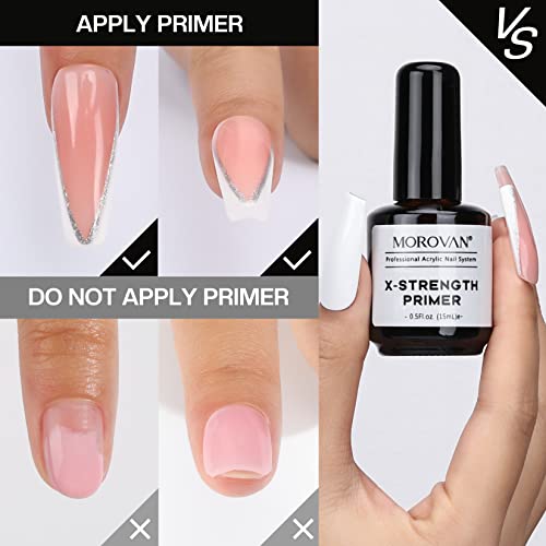 Morovan Nail Primer and Dehydrator for Acrylic Nails, Professional No Burn Fast Air Dry Nail Prep Dehydrator and X-Strength Primer Superior Natural, Acrylic Powder Application (0.5Fl oz)