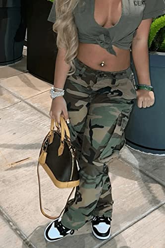 Casual Plus Size Camo Cargo Pants for Women High Waist Slim Fit Camouflage Jogger Army Pants Sweatpants with Pockets