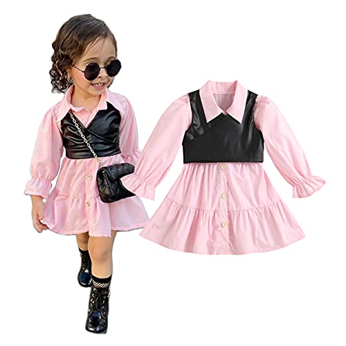 WALLARENEAR 2PCS Toddler Baby Girl Lapel Button Down Ruffle Shirt Dress + PU Waistcoat Crop Tops Spring Autumn Clothes Set (Pink Black, 5-6 Years)
