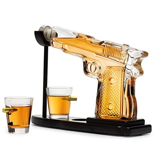 Gifts for Men Dad Whiskey Decanter Set 9 Oz with Two 2 Oz Glasses, Pistol Gun Unique Birthday Gift Ideas Daughter Son, Home Bar Gifts, Drinking Accessories Funny Military Present Cool Dispenser