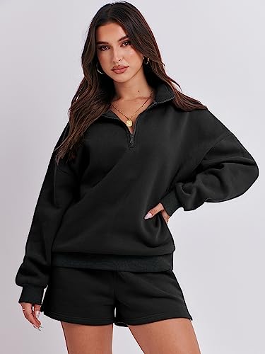 Prinbara 2 Piece Lounge Set For Women Outfits Fall Sweatsuit Fleece Oversized Half Zip Sweatshirt Casual Loose Matching Short Set Loungewear Sweat Set Preppy Clothes Black 7PA75-heise-M