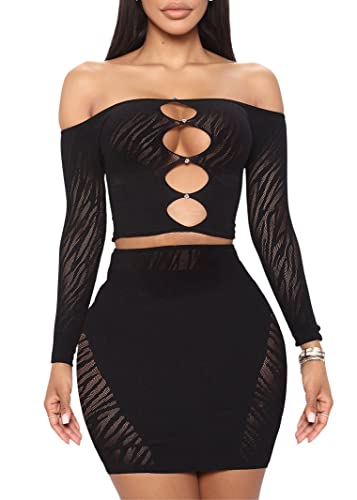 MOEENCN Sexy Two Piece Outfit Skirt Sets, Mesh Perspective Splice Hollow Out Off Shoulder Long Sleeve Dress Set for Party Club Night Black XL