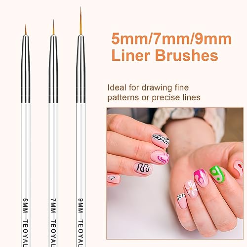 TEOYALL Fine Liner Brush, Nail Art Striping Brushes 5/7/9/11/20mm Thin Line Nail Brush Detail Drawing Brush Gel Nail Polish Brush