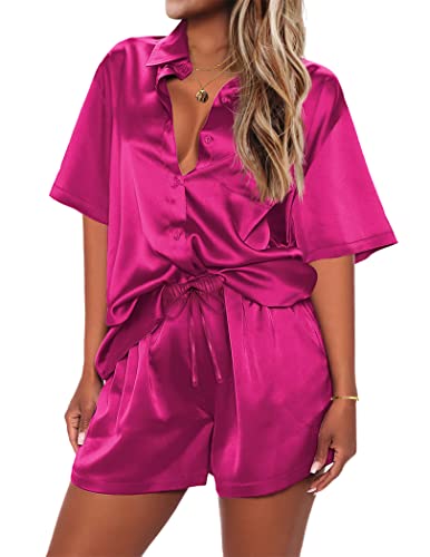 Ekouaer Lounge Sets for Women Two Piece Silky Satin Pajamas Short Sleeve Sleepwear Set Casual Short Loungewear Soft Pjs Set Rose,S