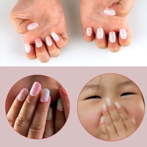 TXMOYI 24 Pieces Kids Press on Nails Pre-glue Children False Nails Stick on Short Full Cover Artificial Fake Nails Holo Glitter Acrylic Nail Tips for Little Girls Gift Nail Art Designs