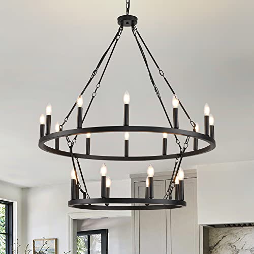 Upfelw Farmhouse Wagon Wheel Chandelier Lighting 20-Light, Black Large Industrial Round Indoor Candle Pendant Light Fixture 2 Tier D39.4'', E12 Bulbs Not Included