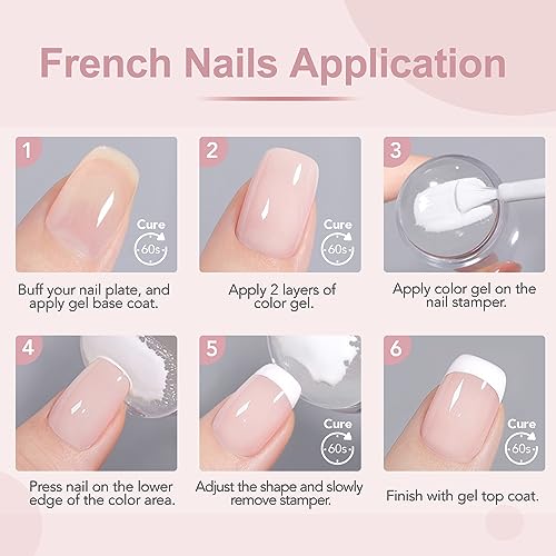 GAOY French Manicure Kit, Nail Stamper and 2Pcs Gel Nail Polish, Include Nude Jelly Milky Pink White Colors for French Tip, UV Light Cure