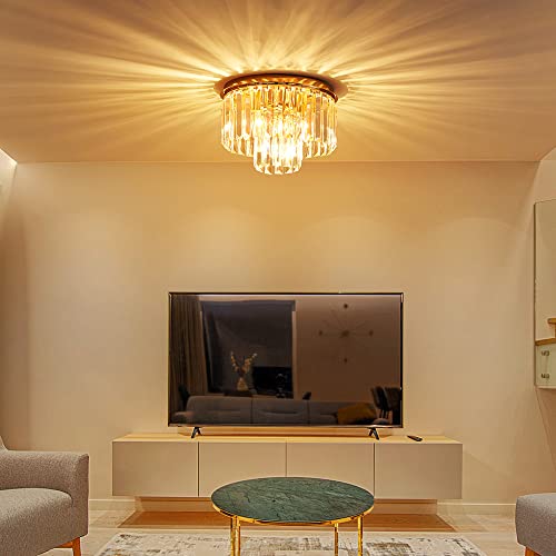 AGV LIGHTING CL006G Crystal Ceiling Light Fixture, Modern Semi Flush Ceiling Light, D12 x H8, E12 Base 3-Lights, Gold Finish