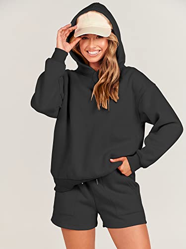 ANRABESS Women 2 Piece Outfits Hoodies Short Set Oversized Fleece Sweatshirt Shorts Sweatsuit Y2K 2023 Fall Clothes Lounge Matching Sweat Set 1046heise-S