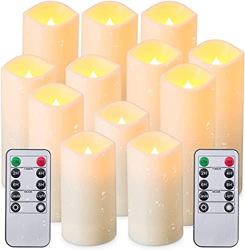 Aamdkcyu Flameless Candles with Remote & 2/4/6/8H Timers, Outdoor Indoor Waterproof Remote Candles Battery Operated, Electric Led Candles 12pcs for Home/Wedding Decor (D 2.2'' x H 4'' 5'' 6'' 7'')