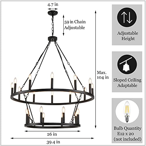 Upfelw Farmhouse Wagon Wheel Chandelier Lighting 20-Light, Black Large Industrial Round Indoor Candle Pendant Light Fixture 2 Tier D39.4'', E12 Bulbs Not Included