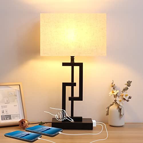 Modern 17'' Tall Table Lamp with USB Charging Ports - Perfect for Living Room, Bedroom Nightstand, and End Table - White Fabric Shade - 3-Way Dimmable Touch Control - Bulb Included