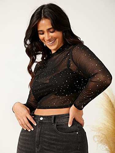 WDIRARA Women's Plus Size Sheer Mesh See Through Mock Neck Rhinestone Crop Top Black 3XL