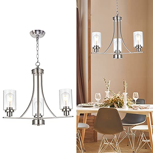 BONLICHT Contemporary Chandelier 3 Light Brushed Nickel Modern Lighting Fixtures Hanging Clear Glass Shades Pendant Light Classic Ceiling Lamp for Kitchen Dinging Room Living Room Bedroom Hallway