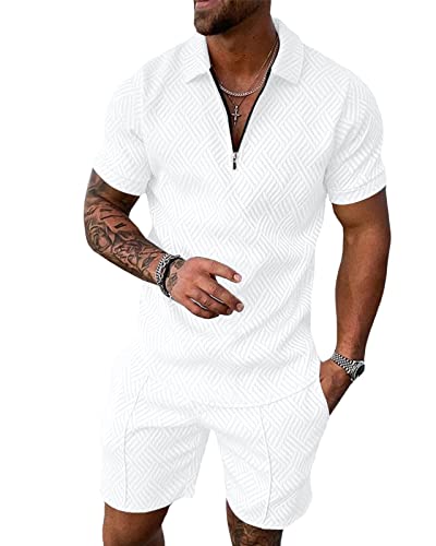 Aulemen Mens 2 Piece Zip Tracksuit Short Sleeve Print Polo Shirt and Shorts Sets Summer Outfits for Men White XL