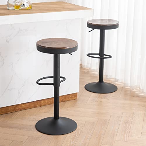 YOUNUOKE Bar Stools Set of 2 Round Adjustable Swivel Counter Height Barstool Backless Wood and Metal Bar Stools with Footrest Modern Bar Chair for Kitchen Counter Island