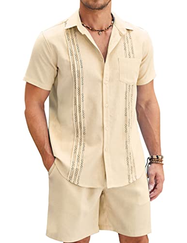 COOFANDY Men's Two Piece Outfits Sets Linen Shirt Cruise Wear Shirt and Shorts Set Khaki