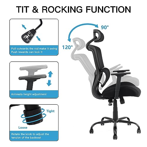 Mesh Office Chair, High Back Home Office Desk Chair with 3D Lumbar Support, Ergonomic Computer Chair with Adjustable Armrest & Headrest,Executive Swivel Task Chair (Black)