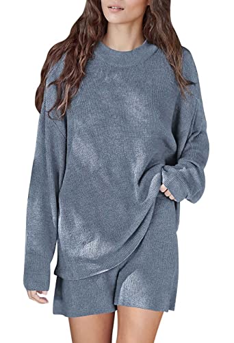 Viottiset Women's 2 Piece Outfits Lounge Shorts Set Oversized Sweater Top Loungewear Sweatsuit Haze Blue M