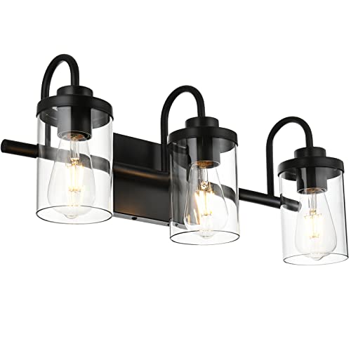 TODOLUZ Farmhouse Bathroom Vanity Light Fixtures with Clear Glass, 3-Lights Black Wall Lamp Lighting Fixture for Mirror Cabinets Dressing