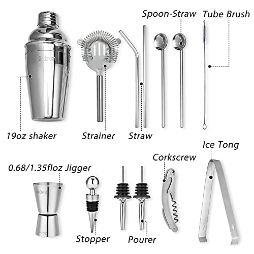 Cocktail Shaker Set Bartender Kit, Godmorn 15Pcs Bartender Shaker Set, 304 Stainless Steel Martini Shaker and Strainer, 550ml /19OZ Bar Tool Set with Bamboo Stand, Recipe Book, for Home and Bar