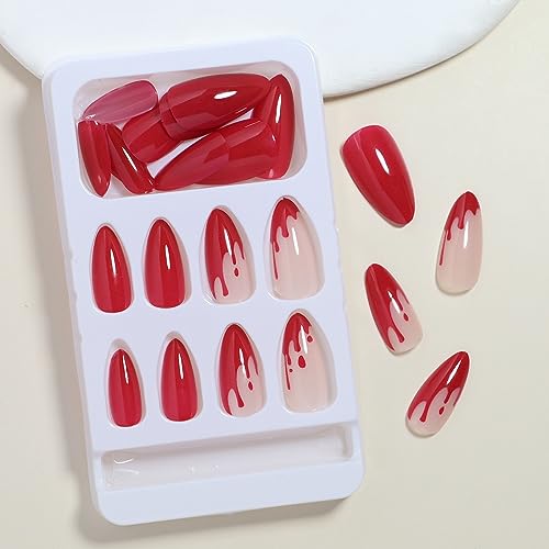 Halloween Press on Nails Almond, LPOONNDU Blood Press on Nails Halloween Medium Fake Nails, Glossy Red Glue on Nails for Women - 24Pcs Medium Almond Halloween False Nails Set