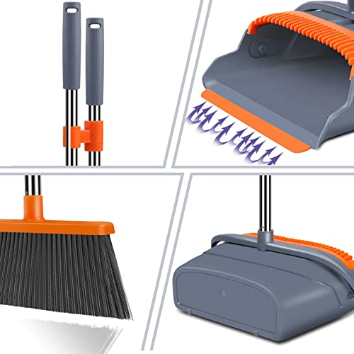 kelamayi Upgrade Stand Up Broom and Dustpan Set, Self-Cleaning with Dustpan Teeth, Ideal for Dog Cat Pets Home Use, Super Long Handle (Gray&Orange)