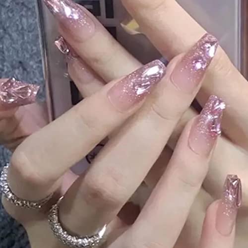 Hkanlre Press on Nails Tips Pink Coffin Fake Nails Rhinestones Full Cover Gradient False Nails Ballerina for Women and Girls 24PCS