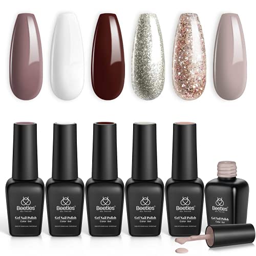 Beetles Holiday Gel Nail Polish Set - 6 Colors Burgundy Red Brown Champagne Gold Brown Gel Polish Kit Snow White Nude Grey Soak off Nail Lamp Gel Polish Gel Nail Manicure Kit DIY Gift