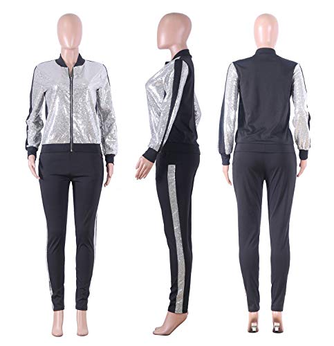 SIAEAMRG Women 2 Piece Glitter Sequin Outfits Tracksuit, Long Sleeve Jacket Tops Bodycon Long Pants Sparkle Sweatsuit Club Wear (Silver, M)