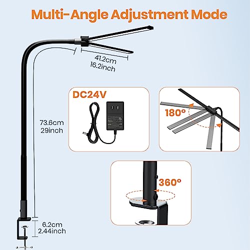 LASTAR LED Desk Lamp with Remote Control ＆ 32.5" Wide Double Head, Architect Desk Lamp for Home Office with Clamp, Timer, 24W Ultra Bright Gooseneck Desk lamp for Computer Reading, Black