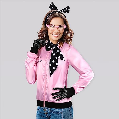 AOTHSO 1950s Pink Satin Jacket with Polka Dot Scarf Headband Earrings Glasses Halloween Cosplay Costume for Women, 8 Pieces