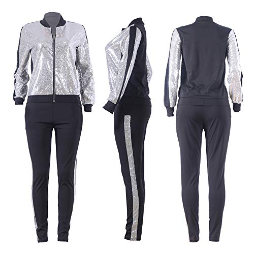 SIAEAMRG Women 2 Piece Glitter Sequin Outfits Tracksuit, Long Sleeve Jacket Tops Bodycon Long Pants Sparkle Sweatsuit Club Wear (Silver, M)