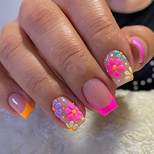 24 Pcs Summer Press on Nails Medium Square Fake Nails Colored Flowers Design Glossy Acrylic Nails French Tip False Nails with White Dots Stick on Nails Artificial Nails for Women and Girls DIY