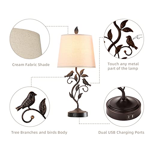 Set of 2 Touch Control Living Room Table Lamps with 2 USB Ports, Vintage Nightstand Lamp, 3-Way Dimmable Desk Lamp with Cream Fabric Shade, Rustic Iron Leaf Lamp for Bedroom Office, LED Bulb Included