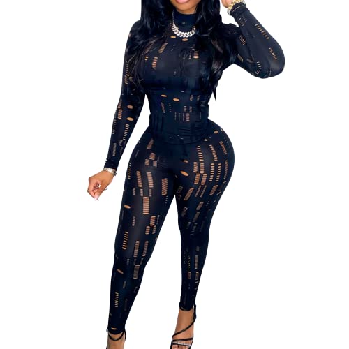 Sexy 2 Piece Outfits for Women Party Club Night, Sheer Mesh Hollow Out Long Sleeve Crop Top and High Waist Bodycon Pants Set Black S