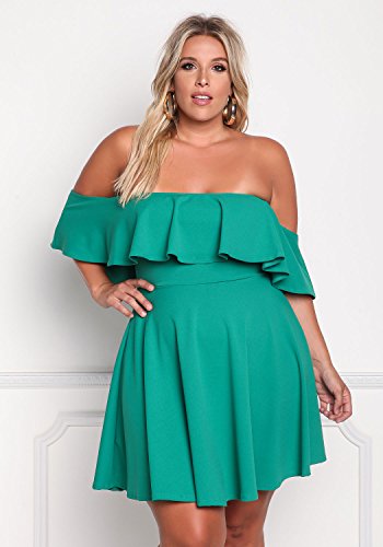 ROSIANNA Women's Off Shoulder Strapless Ruffle Mini Plus Size Swing Dresses (Green, XXL)