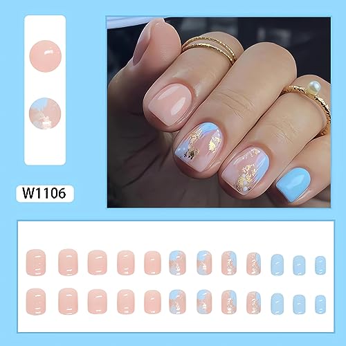 Short Square Press on Nails, Acrylic Fake Nails Pink Blue Gold Foil False Nails with Designs Artificial Full Cover Glue on Nails Short Stick on Nails for Women Glossy Nails 24Pcs