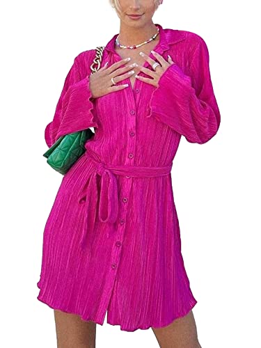 LYANER Women's Collar V Neck Button Down Pleated Long Sleeve Mini Shirt Dress with Belt Rose Medium