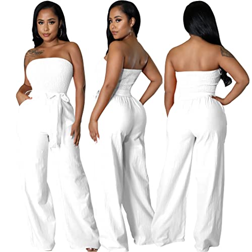 LightlyKiss Women's Casual Sleeveless Tight Jumpsuit Elegant And Fashionable Pleated Long Pants Rompers White