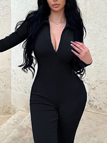 Glamaker Women's One Piece Zip Up Bodycon Jumpsuit Sexy Long Sleeve Turtleneck Onesies Rompers Playsuit Clubwear Black