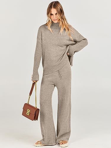 Caracilia Women's Two Piece Outfits Sweater Sets Long Sleeve Sweatsuit Jogger Pants Lounge Sets Knit Pullover Wide Leg Pants 2023 Fall Winter Fashion Clothes 2 Piece Tracksuit B1022huatuo-XL Camel