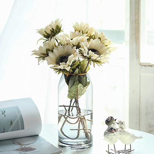 Hawesome White Sunflowers Artificial Flowers 7 Pcs Faux Silk Sunflowers Bouquet Fake Real Touch Long Stems Floral for Wedding Party Centerpieces Home Decoration(Autumn White)