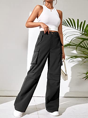 WDIRARA Women's High Waist Button Loose Fit Streetwear Cargo Pants with Pockets Black Solid S