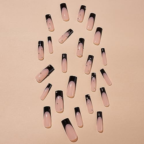 French Tip Press on Nails Medium Square Fake Nails Black Nude Glue on Nails Glossy Rhinestone False Nails With Design Cute Acrylic Nails Holiday or Summer for Women Nail Art 24pcs