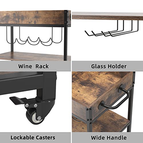 soges Mobile Bar Cart, Kitchen Serving Cart, Outdoors Party Serving Bar Trolley, Rolling Wine Cart with Bottle Glasses Holders, Kitchen Cart with Removable Storage Tray