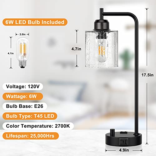 Industrial Bedside Table Lamp for Bedroom - Nightstand Lamps with USB C Charging Port, Fully Dimmable Black Lamps with USB Ports and Outlets, Small Desk Lamp with Glass Shade for Office Living Room