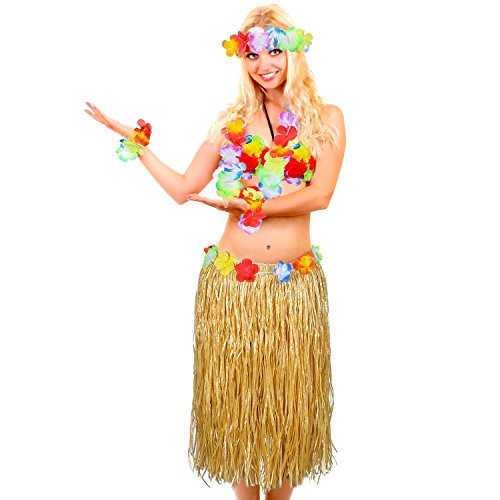 Gejoy 8 Pieces Hawaiian Grass Hula Skirt Costume Set Necklace Garland Bracelet Bikini Top for Women Tropical Luau Party Decoration (Natural Color Skirt)