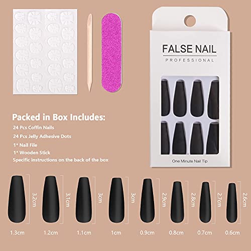 24 Pcs Matte Black Press on Nails Fake Nails, Coffin Nails Ballerina Extra Long Acrylic Stick on Nails, False Nails for Women and Girls