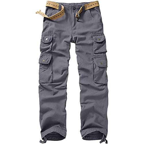 Raroauf Men's Cotton Casual Cargo Pants,Outdoor Hiking Army Military Wild Workwear Trousers with 10 Pockets Dark Grey Size 36